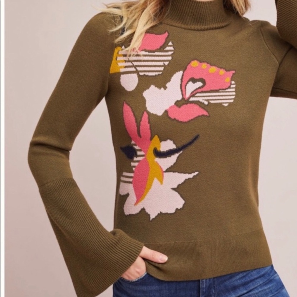 New Anthropologie Knitted & Knotted Retro Green Floral Bell Sleeve Sweater S